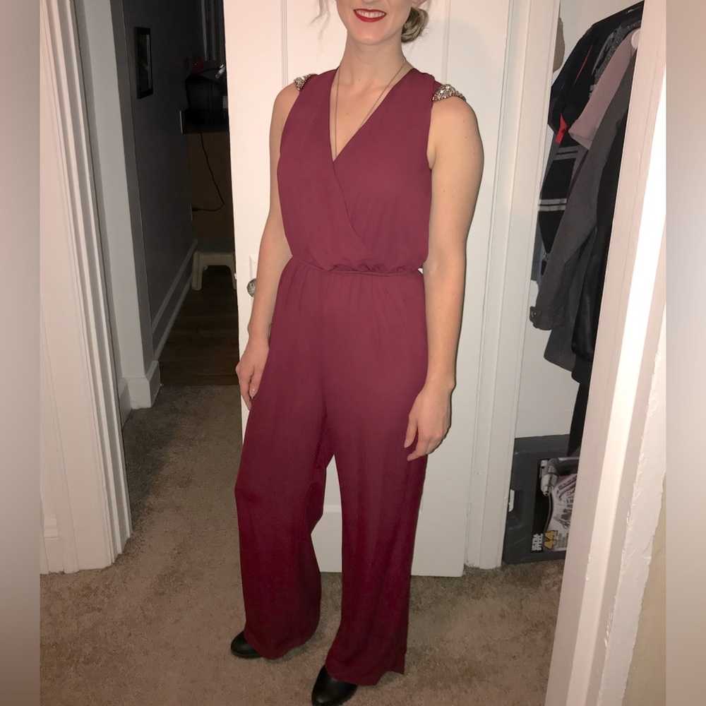 Charolette Russe Jumpsuit Jeweled Shoulders Maroon Red Size Small
